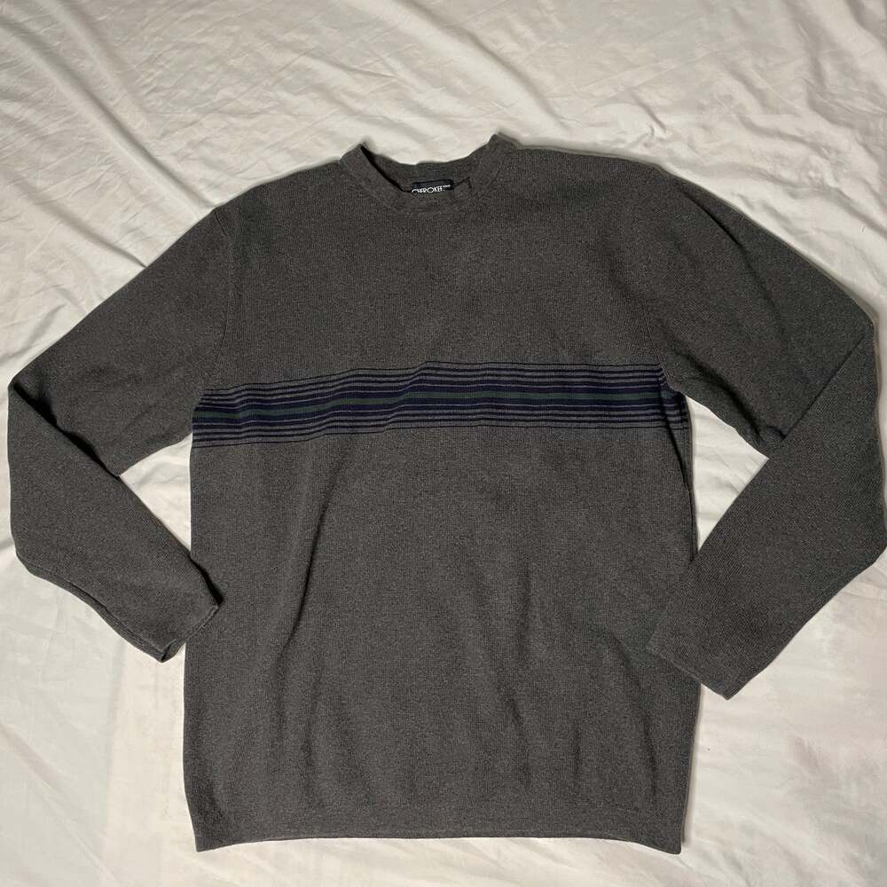 Cherokee Brand Gray Cotton Crewneck Sweater w/ Stripe Detail (Men’s Large)
